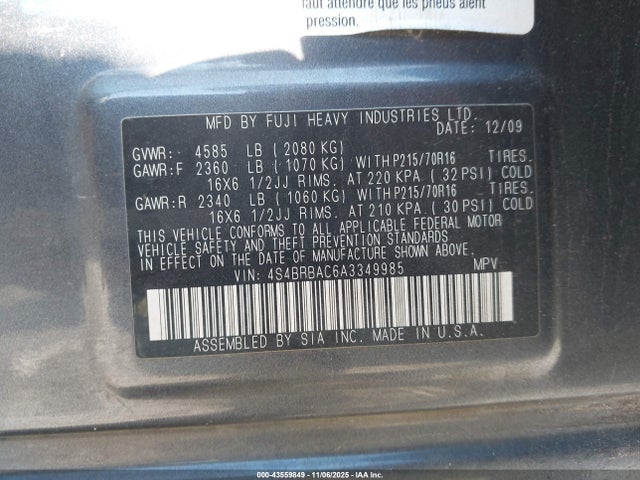 2010 Subaru Outback 2.5i მანქანა იყიდება აუქციონზე, vin: 4S4BRBAC6A3349985, აუქციონის ნომერი: 43559849