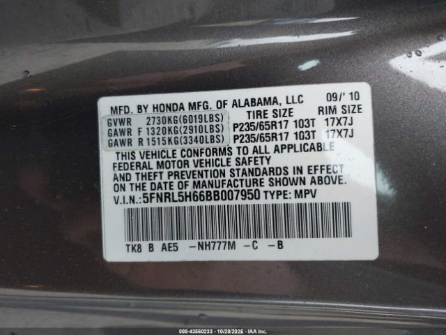 2011 HONDA ODYSSEY 5FNRL5H66BB007950 Photo 8