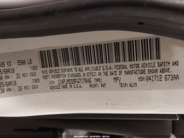 2015 Jeep Cherokee Limited მანქანა იყიდება აუქციონზე, vin: 1C4PJMDS9FW717646, აუქციონის ნომერი: 43560280