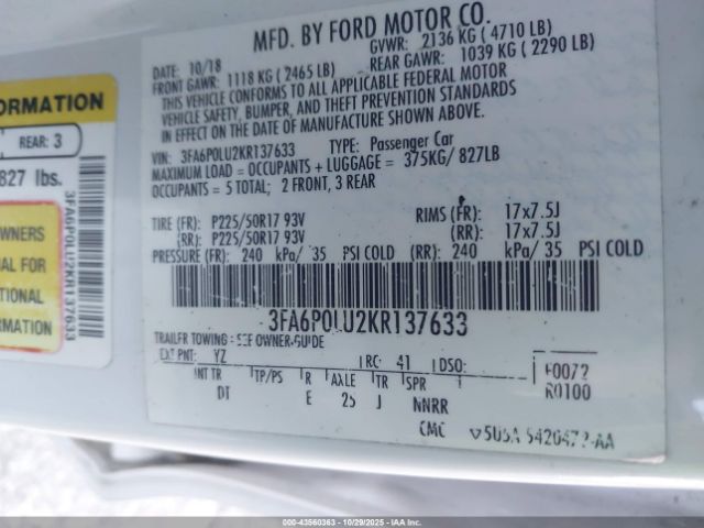 2019 FORD FUSION HYBRID 3FA6P0LU2KR137633 Photo 8