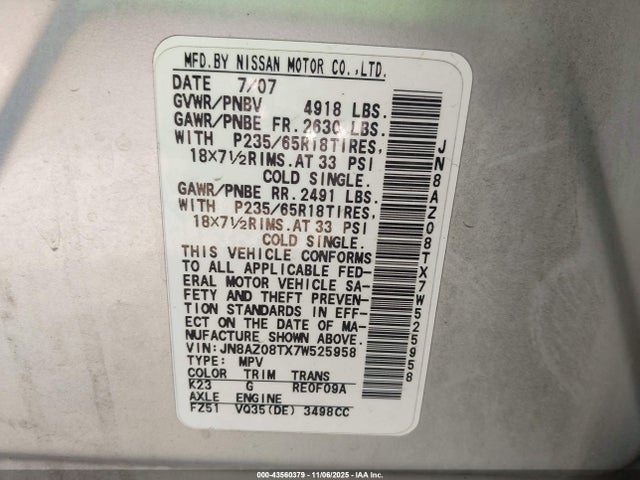 43560379 :رقم المزاد ، JN8AZ08TX7W525958 vin ، 2007 Nissan Murano Sl مزاد بيع