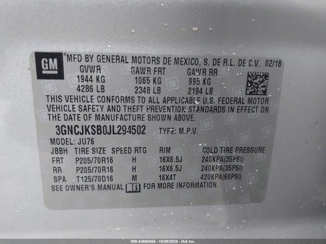 3GNCJKSB0JL294502 Chevrolet TRAX LS