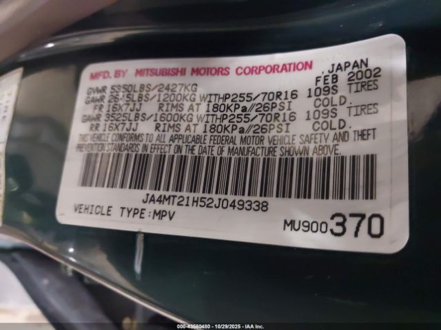 2002 MITSUBISHI MONTERO SPORT JA4MT21H52J049338 Photo 8