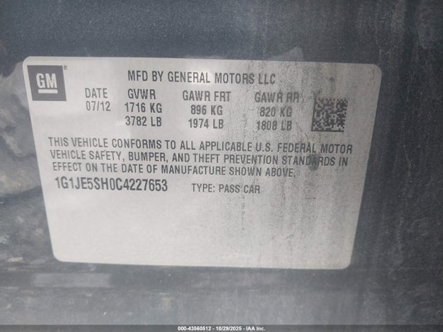 2012 CHEVROLET SONIC 1G1JE5SH0C4227653 Photo 8