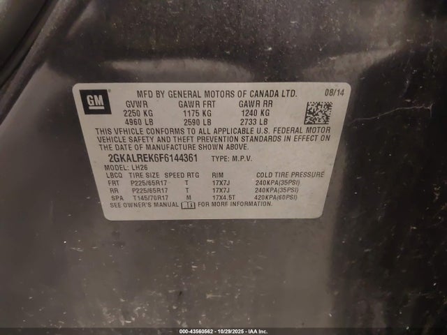 2015 Gmc Terrain Sle-2 მანქანა იყიდება აუქციონზე, vin: 2GKALREK6F6144361, აუქციონის ნომერი: 43560562