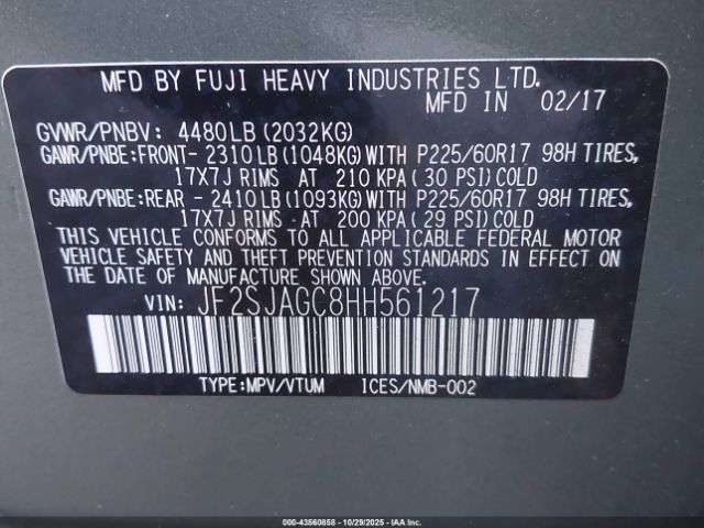 2017 SUBARU FORESTER JF2SJAGC8HH561217 Photo 8