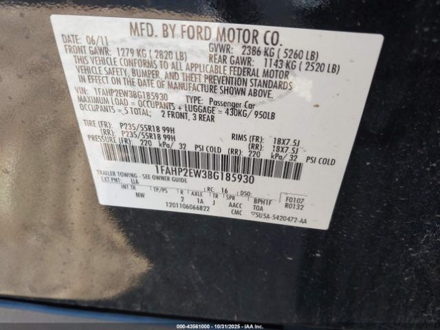 2011 FORD TAURUS 1FAHP2EW3BG185930 Photo 8