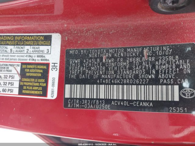 2008 TOYOTA CAMRY 4T4BE46K28R026227 Photo 8