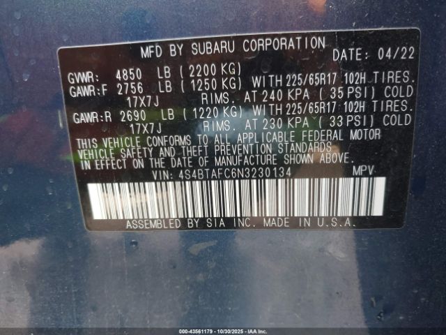 2022 SUBARU OUTBACK 4S4BTAFC6N3230134 Photo 8