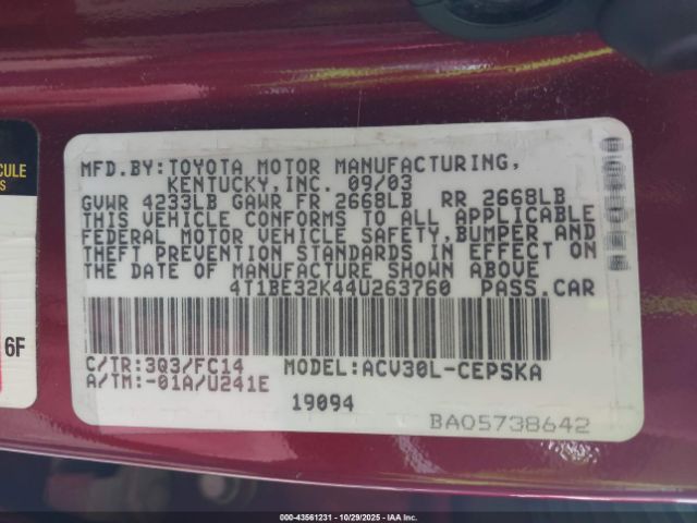 2004 TOYOTA CAMRY 4T1BE32K44U263760 Photo 8