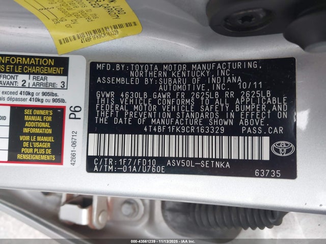 43561239 :رقم المزاد ، 4T4BF1FK9CR163329 vin ، 2012 Toyota Camry Le مزاد بيع