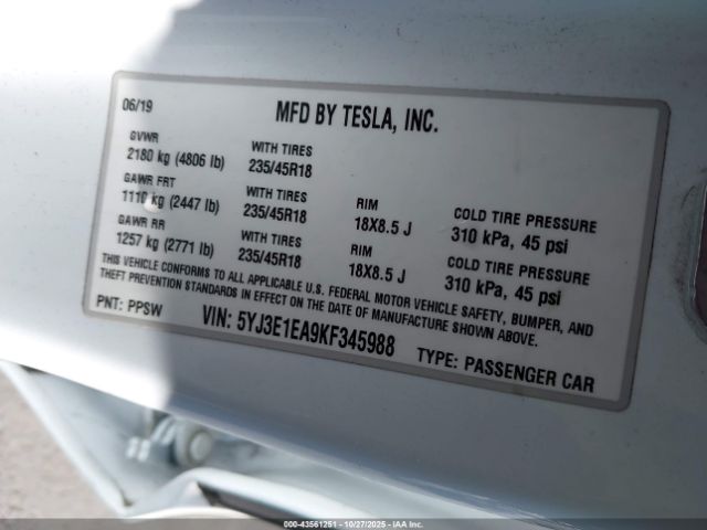 2019 TESLA MODEL 3 5YJ3E1EA9KF345988 Photo 8