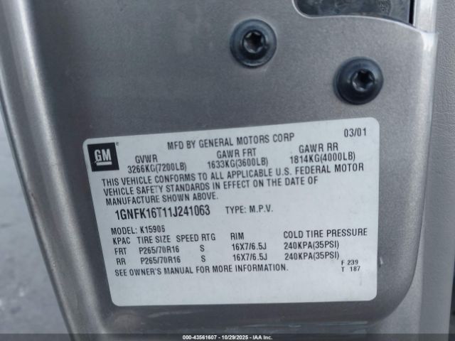 2001 CHEVROLET SUBURBAN 1500 1GNFK16T11J241063 Photo 8