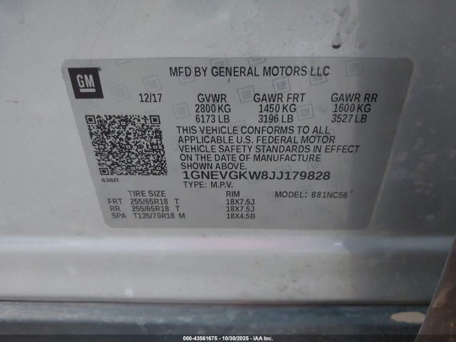 1GNEVGKW8JJ179828 Chevrolet Traverse 1lt