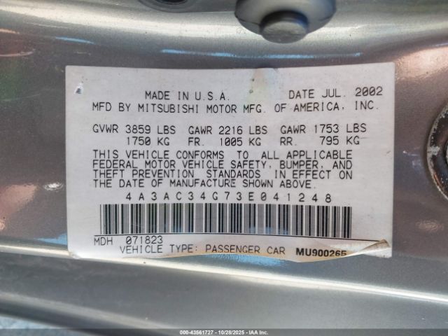 2003 MITSUBISHI ECLIPSE 4A3AC34G73E041248 Photo 8