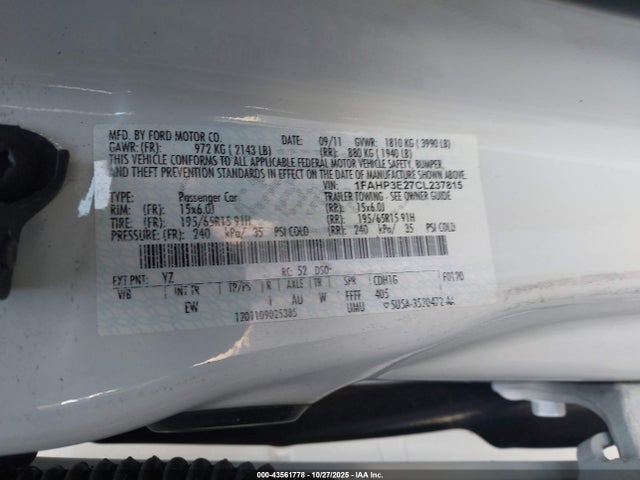 43561778 :رقم المزاد ، 1FAHP3E27CL237815 vin ، 2012 Ford Focus S مزاد بيع