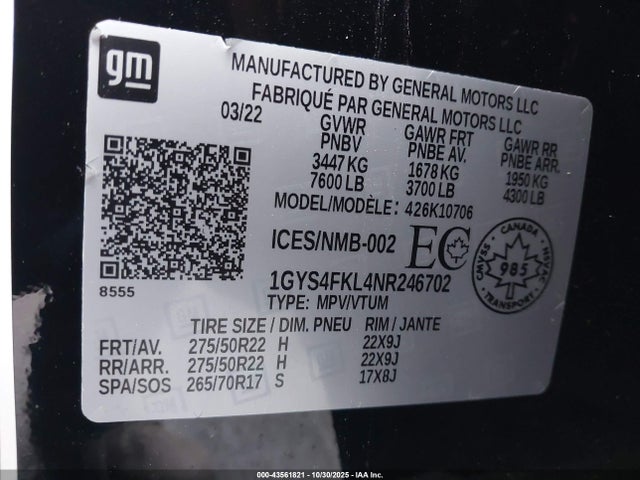 Продаж на аукціоні авто 2022 Cadillac Escalade 4wd Sport, vin: 1GYS4FKL4NR246702, номер лоту: 43561821