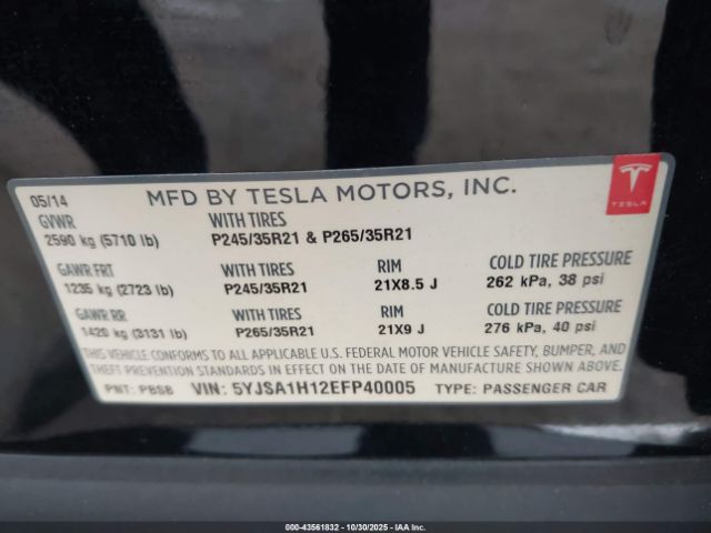 2014 TESLA MODEL S 5YJSA1H12EFP40005 Photo 8