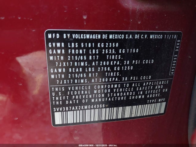 43561905 :رقم المزاد ، 3VV3B7AX2KM044966 vin ، 2019 Volkswagen Tiguan 2.0t Se/2.0t Sel/2.0t Sel R-line/2.0t Sel R-line Black مزاد بيع