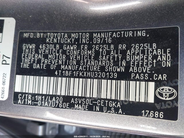 Toyota 2ar-fe 2017 4T1BF1FKXHU320139 Image 9