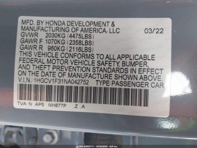 2022 HONDA ACCORD 1HGCV1F31NA042752 Photo 8
