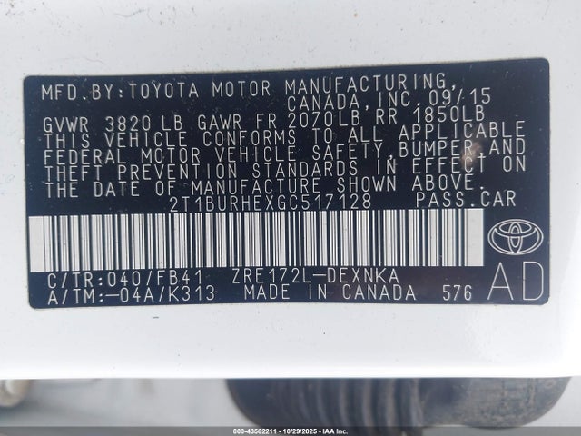 Продажа на аукционе авто 2016 Toyota Corolla Le, vin: 2T1BURHEXGC517128, номер лота: 43562211