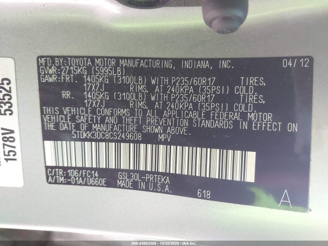 Auction sale of the 2012 Toyota Sienna Le V6 8 Passenger, vin: 5TDKK3DC8CS249608, lot number: 43562305