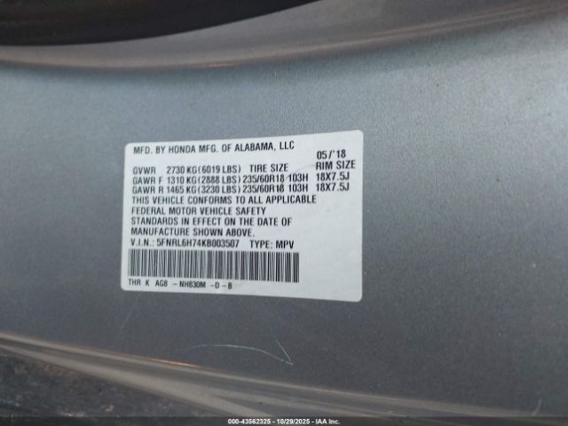 2019 HONDA ODYSSEY 5FNRL6H74KB003507 Photo 8