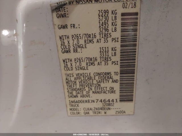 1N6AD0ER8JN746441 Nissan Frontier Sv