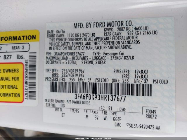 2017 FORD FUSION 3FA6P0K93HR137677 Photo 8