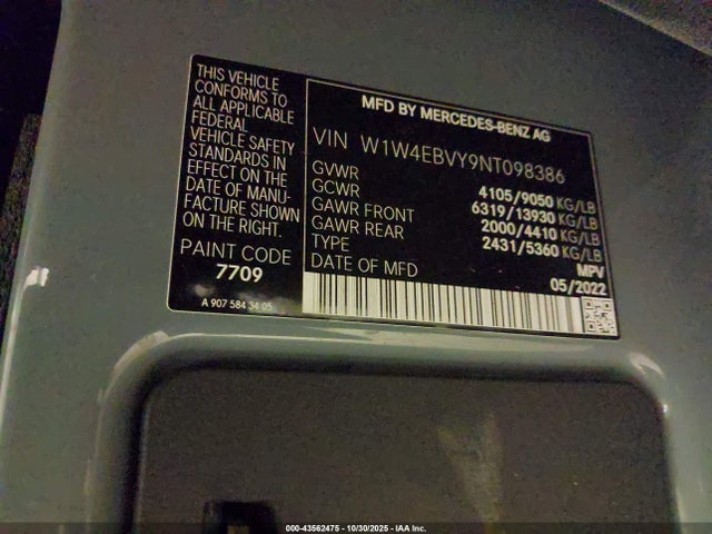 Aukcja sprzedaży 2022 Mercedes-benz Sprinter 2500 Standard Roof V6, vin: W1W4EBVY9NT098386, numer aukcji: 43562475