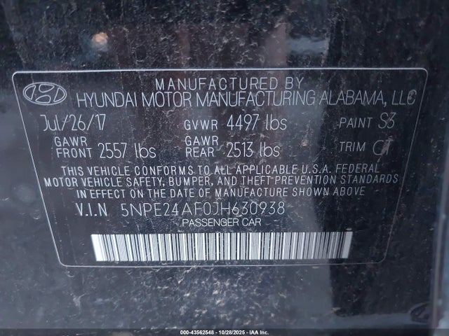 5NPE24AF0JH630938 Hyundai SONATA SE