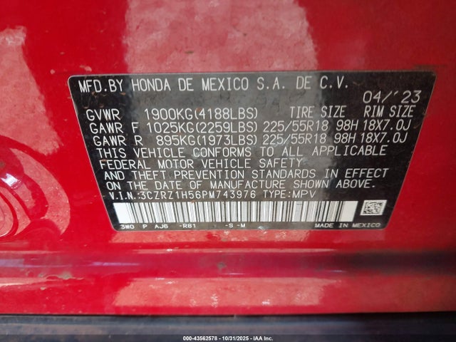 3CZRZ1H56PM743976 Honda Hr-v 2wd Sport