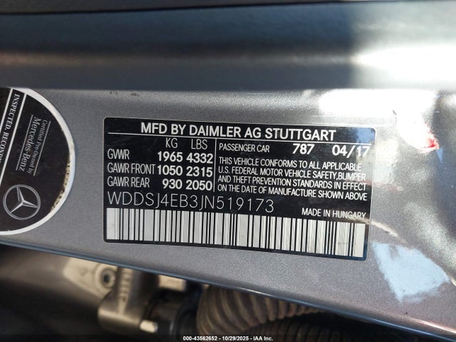 43562652 :رقم المزاد ، WDDSJ4EB3JN519173 vin ، 2018 Mercedes-benz Cla 250 مزاد بيع