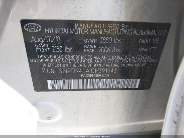 5NPD94LA1JH391943 Hyundai Elantra Ec