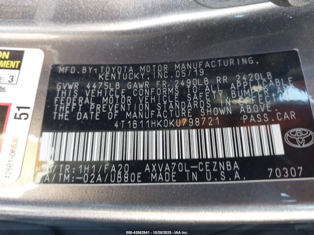 4T1B11HK0KU798721 Toyota CAMRY LE