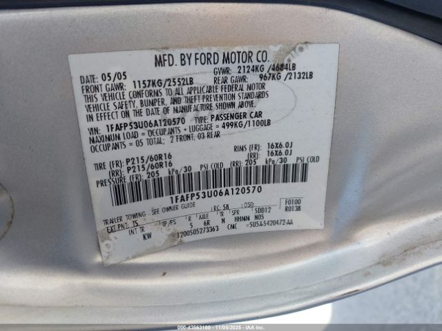 2006 FORD TAURUS 1FAFP53U06A120570 Photo 8