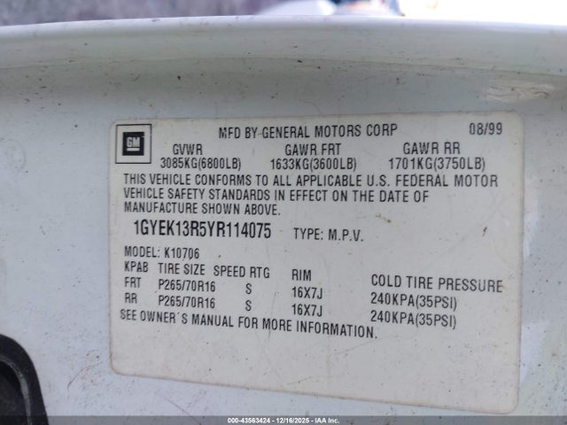 2000 CADILLAC ESCALADE 1GYEK13R5YR114075 Photo 8