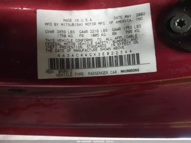 2003 MITSUBISHI ECLIPSE 4A3AC44GX3E022344 Photo 8