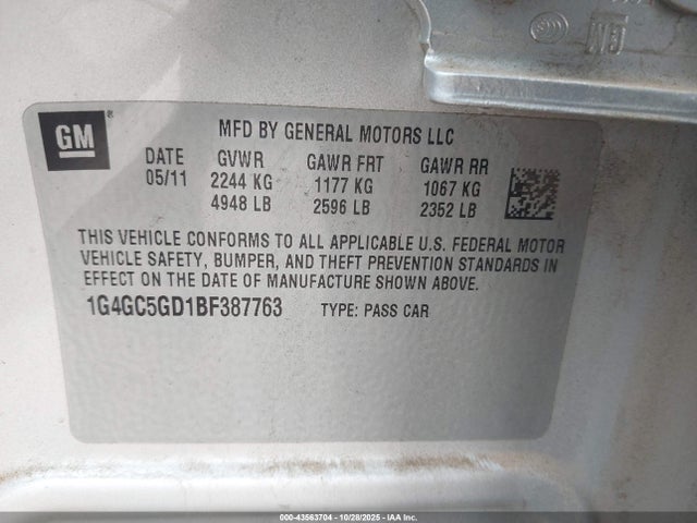 43563704 :رقم المزاد ، 1G4GC5GD1BF387763 vin ، 2011 Buick Lacrosse Cxl مزاد بيع
