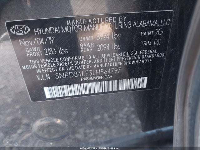 Aukcja sprzedaży 2020 Hyundai Elantra Sel, vin: 5NPD84LF3LH564797, numer aukcji: 43563717
