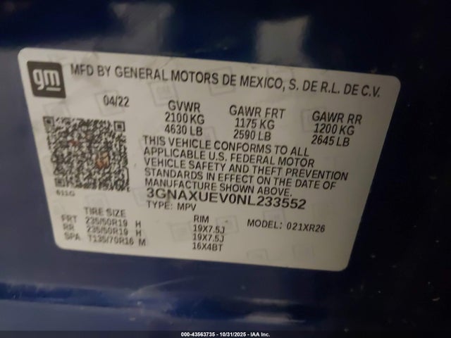Продажа на аукционе авто 2022 Chevrolet Equinox Awd Lt, vin: 3GNAXUEV0NL233552, номер лота: 43563735