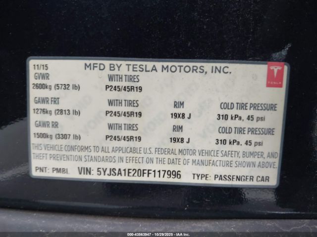2015 TESLA MODEL S 5YJSA1E20FF117996 Photo 8