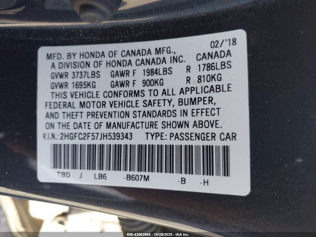 Honda Civic Lx 2018 2HGFC2F57JH539343 Image 9