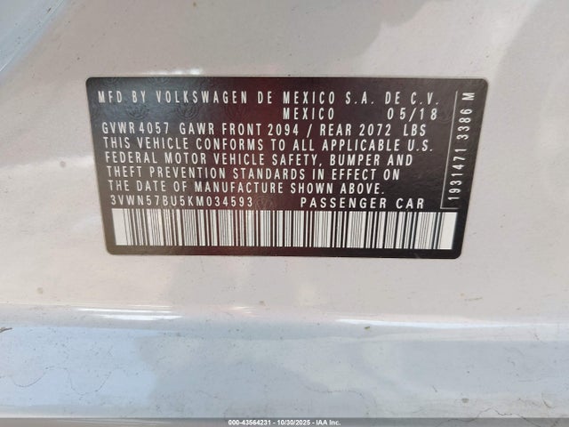 3VWN57BU5KM034593 Volkswagen Jetta 1.4t S