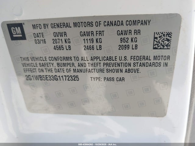 43564262 :رقم المزاد ، 2G1WB5E33G1172325 vin ، 2016 Chevrolet Impala Limited Lt مزاد بيع