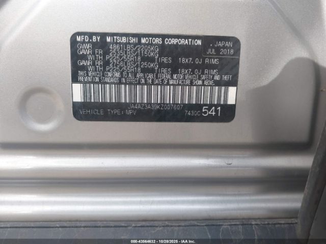 2019 MITSUBISHI OUTLANDER JA4AZ3A39KZ007607 Photo 8