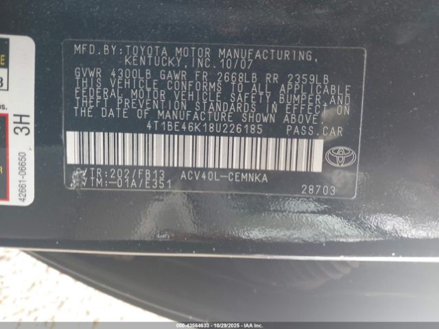 2008 TOYOTA CAMRY 4T1BE46K18U226185 Photo 8