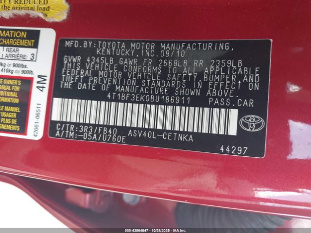 2011 TOYOTA CAMRY 4T1BF3EK0BU186911 Photo 8