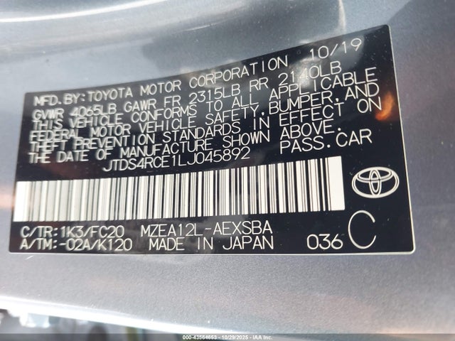 2020 TOYOTA COROLLA JTDS4RCE1LJ045892 Photo 8
